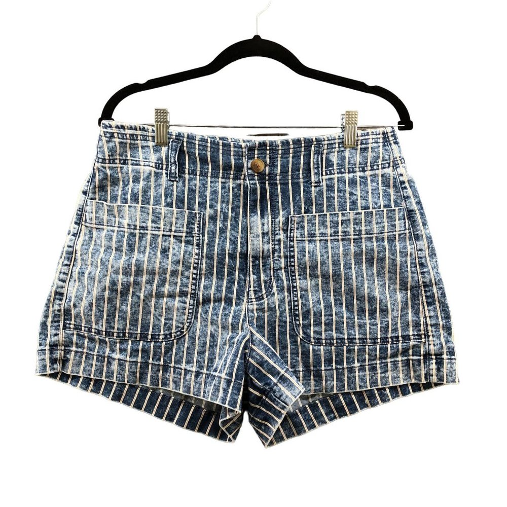 American Eagle Hi Rise Mom Shorts Blue Acid Wash Striped Womens Size 12 Festival
